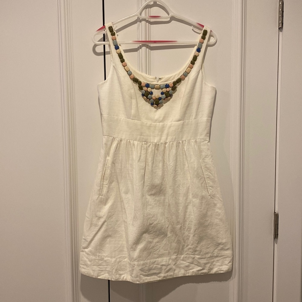 Shoshana white dress with multicolor neck detail (size 8)